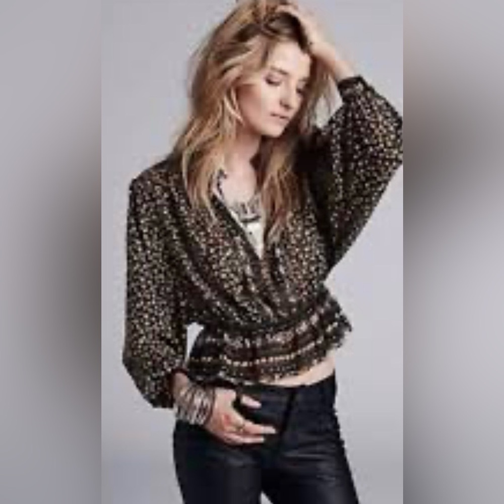 Free People If I Had You Chiffon Floral Beaded Peplum Blouse Indie Sleeze Medium